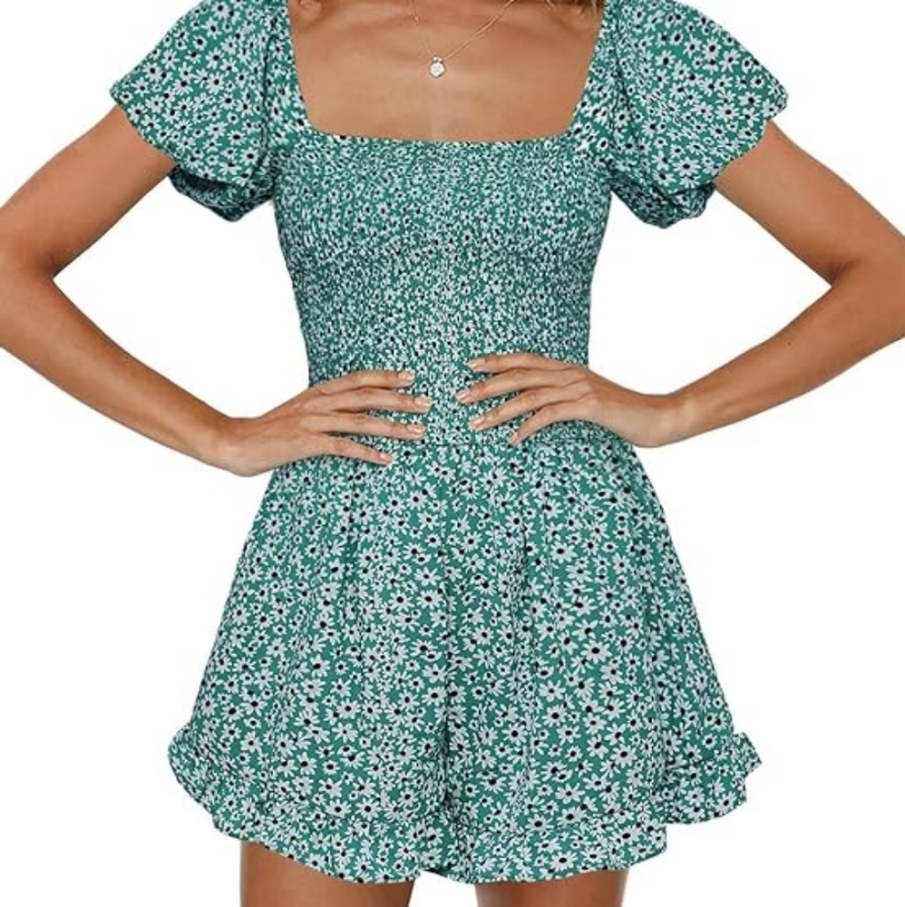 Floral Square Neck Smocked Romper Jumpsuit